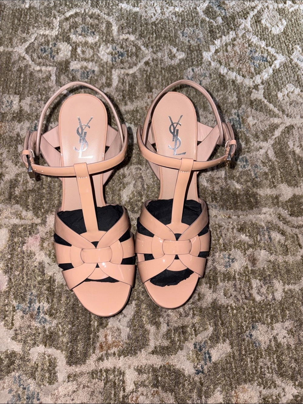 Yves Saint Laurent Blush Patent Leather Woven T-Strap Sandals